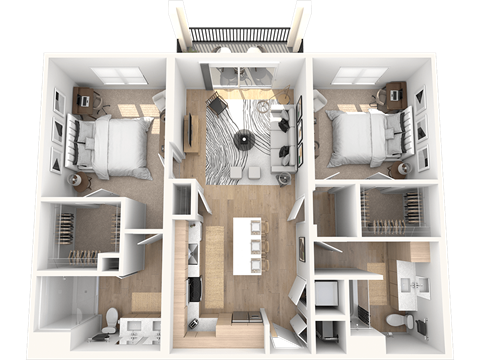 A 3D floor plan of a 2 bedroom 2 bathroom apartment with an open-concept kitchen and living space and private patio